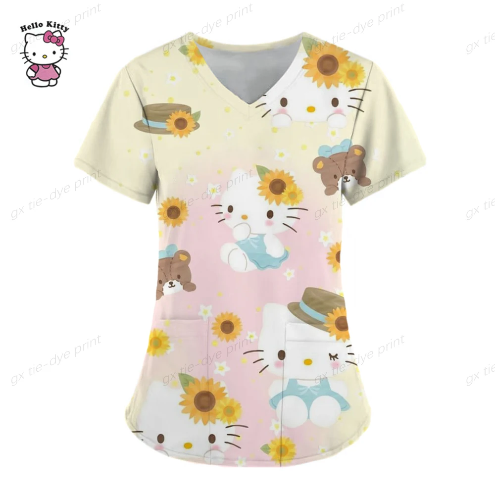 thumbnail image 1 of Camisetas de manga corta para mujer, uniforme de enfermera con estampado de Hello Kitty, cuello en V, bolsillo, para trabajadores de la salud, ropa de trabajo clínica, 1 of 4