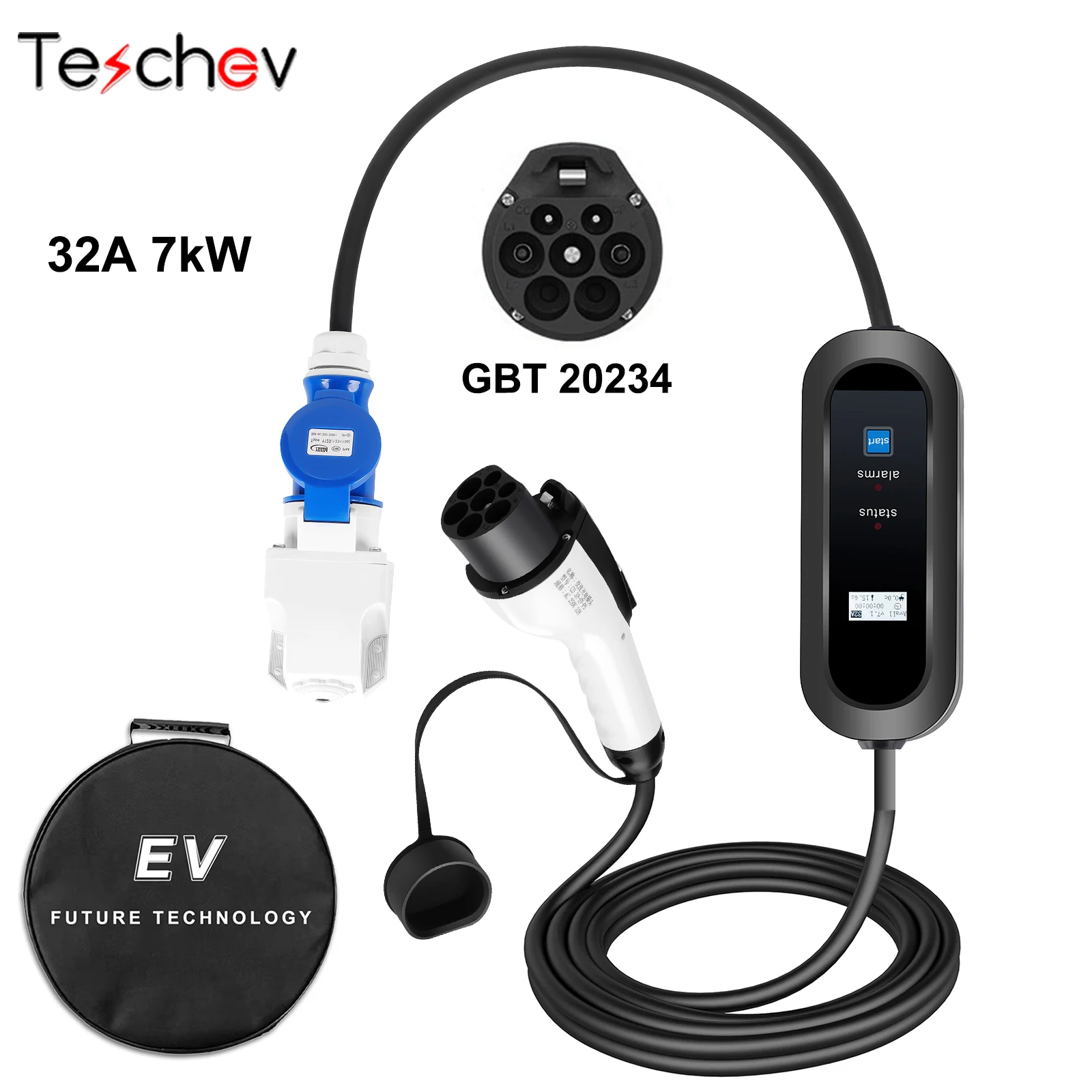

Teschev GB/T Portable EV Charger 32A 7KW 1Phase Timing Protable Car Charger Current Adjustable Electric Vehicle Charging Station
