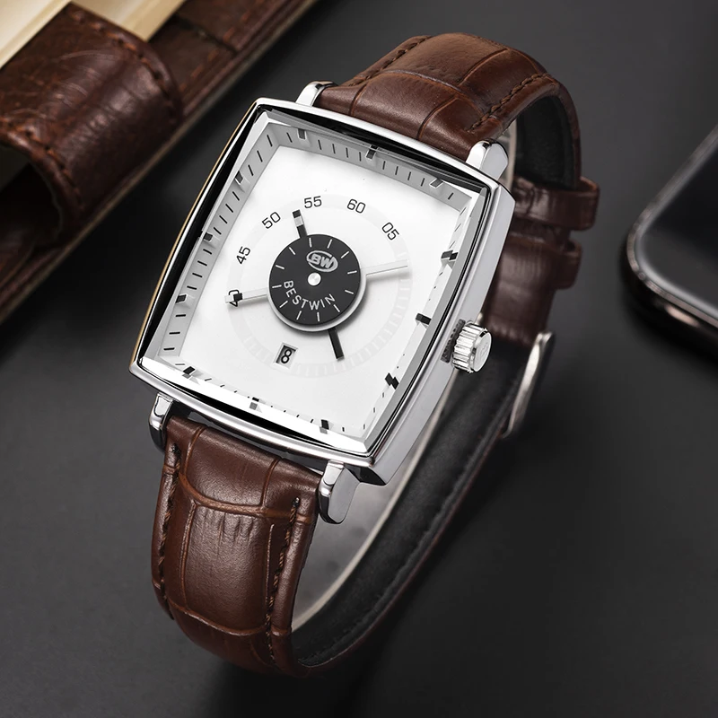 

NEW Fashion personality difference square watch for men's waterproof calendar simple leather strap men suitable for daily life