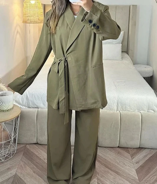 

2 Piece Set Women Outfit 2023 Autumn New Loose Temperament Commuter Lapel Lace-Up Long-Sleeved Blazer and Straight Pants Suit
