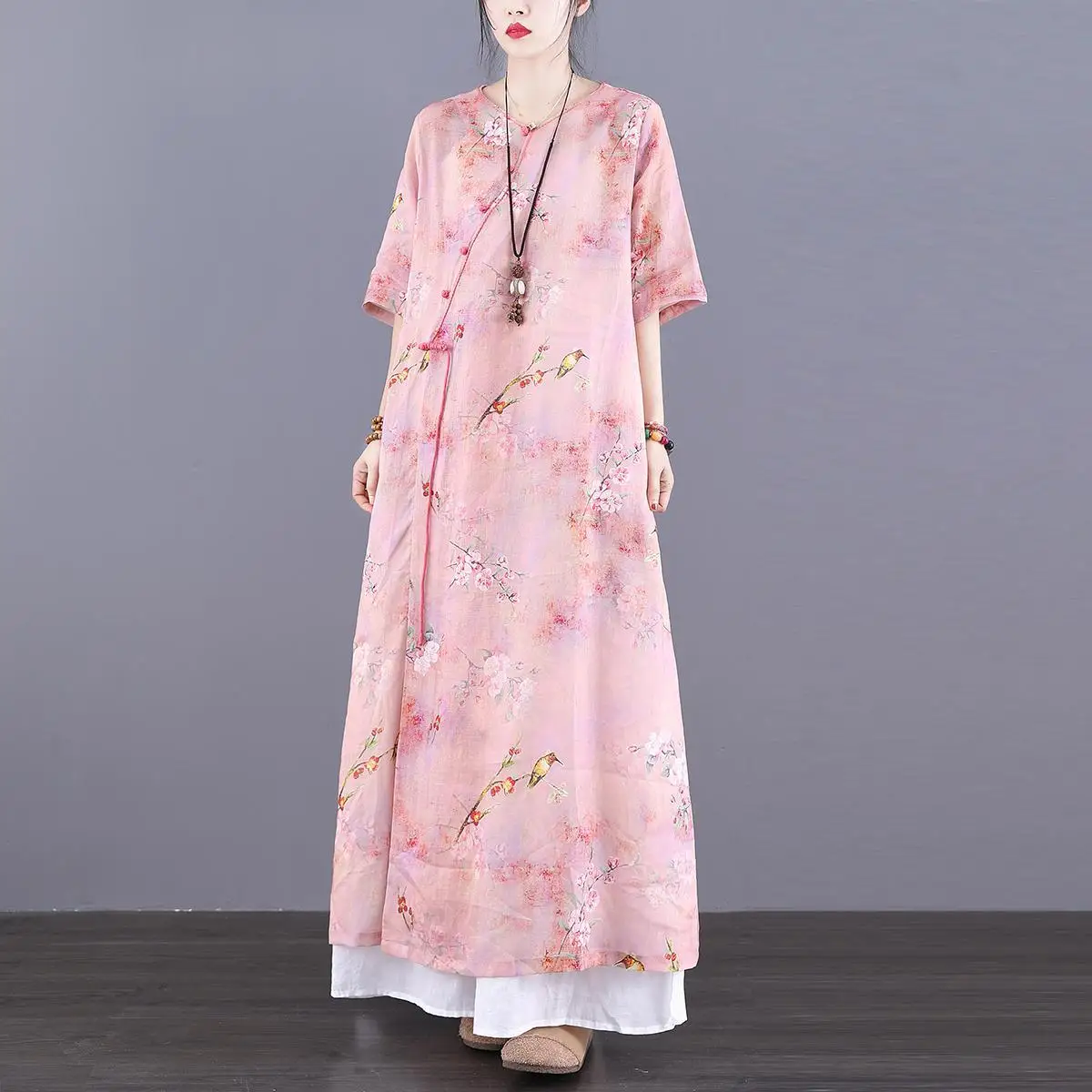 

2023 spring summer new cotton and linen qipao dress chinese style flower printing loose dress vintage vestido cheongsam dress
