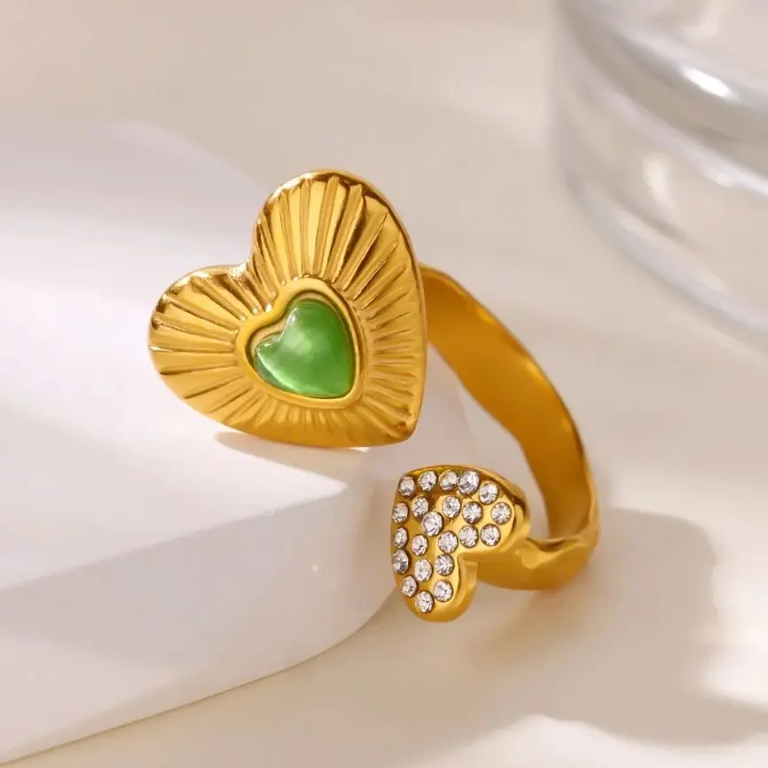 Green Zircon Heart Rings For Women Gold Color Stainless Steel