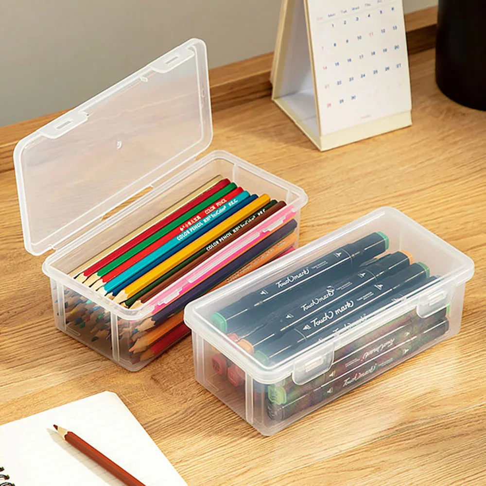 Huucozn 4 Pz Scatole Porta Pennarelli Plastica,Contenitori Rettangolari Trasparente,Organizzatore di Scatole per Penne,Scatole Portamatite Impilabile per Matite per Ufficio, Artigianato, Scuola