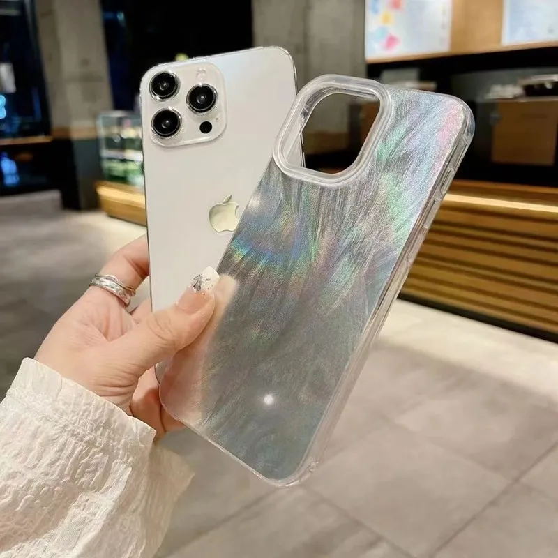 Luxury Aurora Silver Laser Feather Yarn Phone Case Cover