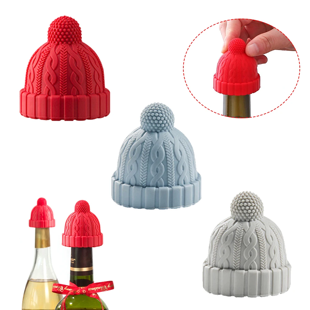 SiliconeWineStoppersFunnyKnittedBeanieWineCapsReusableWine