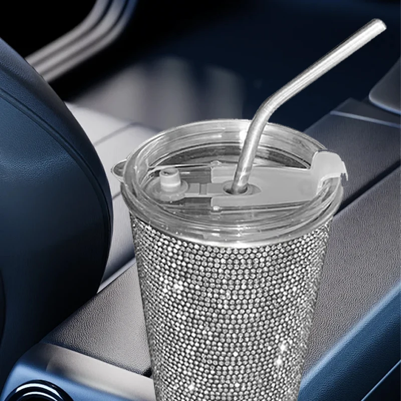 다이아몬드 상감 음료 컵, 심플하고 세련된 스테인레스 스틸 빨대 커피 컵, 다이아몬드 상감 550ml, 1 PC