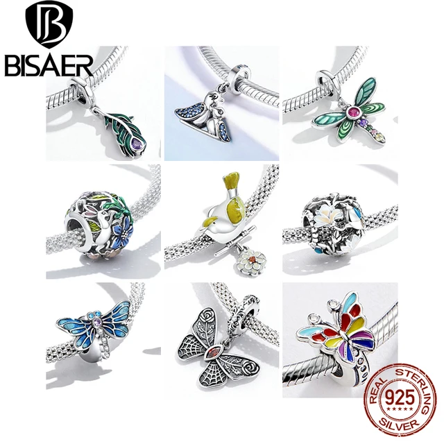 BISAER 925 Sterling Silver Flower Bird Series Charm Bee Bead Sunflower Garden Pendant