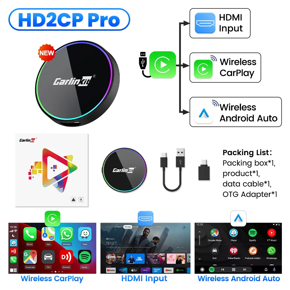 CarlinKit HD2CP Pro חדש CarPlay ל-HDMI Wireless CarPlay Android Auto תומך במכשיר HDMI זרימת וידאו 2K תיבת חכמה Plug&Play