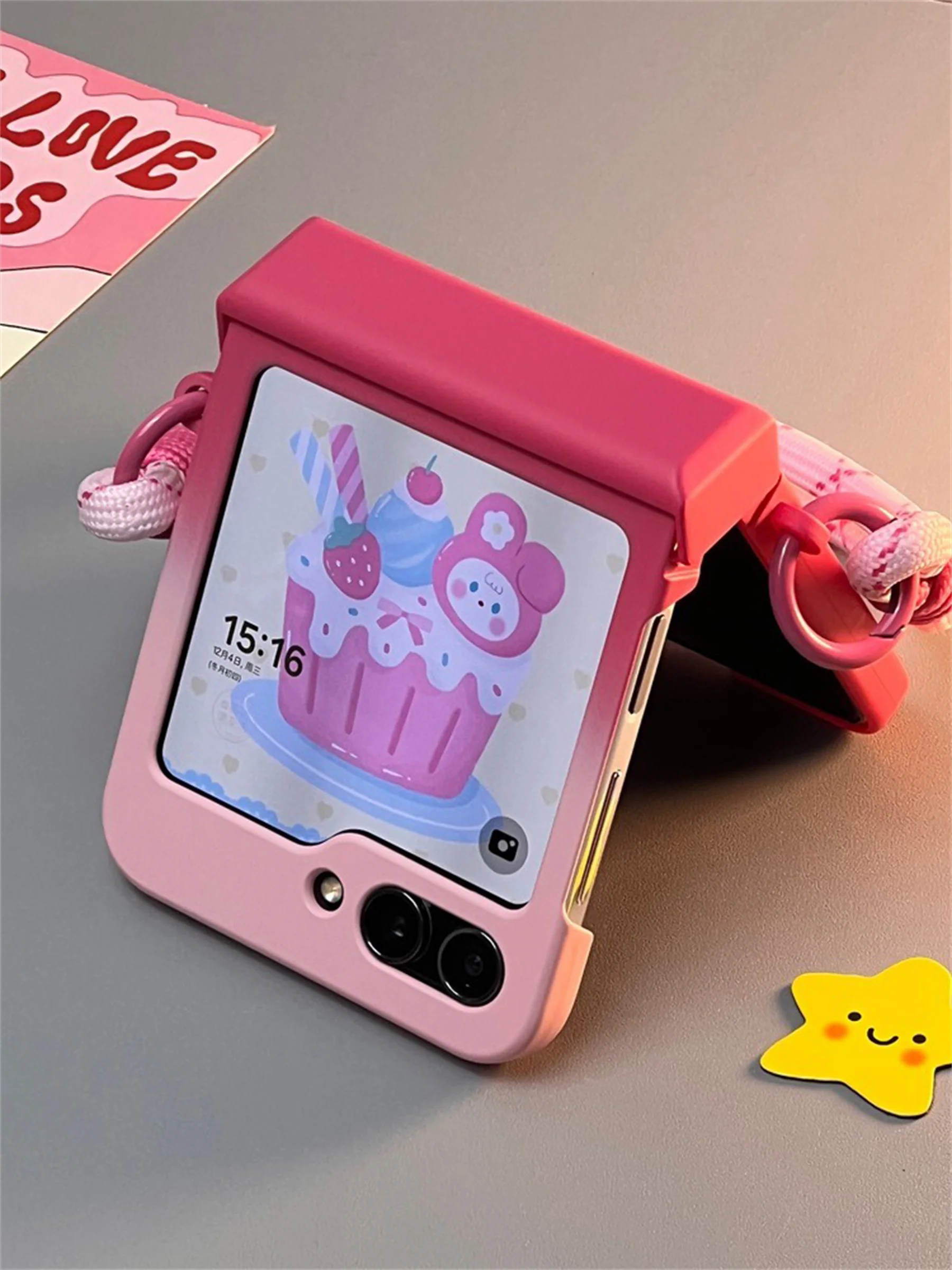 Luxury Cute Gradient Pink Phone Case with Bunny Rabbit Bracket and Hand Strap