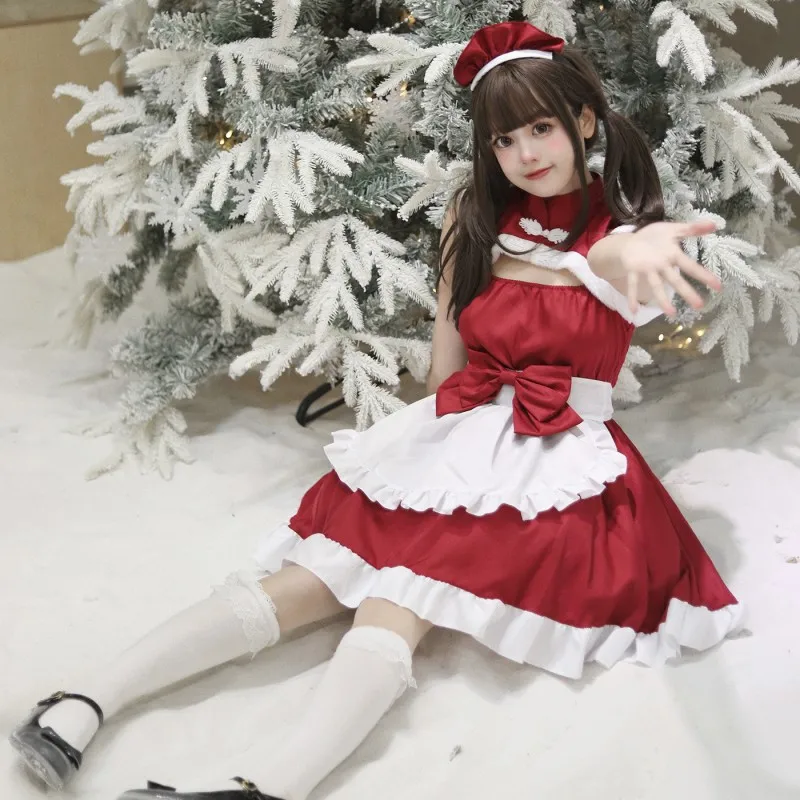 

Young Women's Claret Christmas Chinese Style Maid Uniform 100% Polyester Plus Size S-5XL Cosplay Outfit Dress With Bow Tie Apron