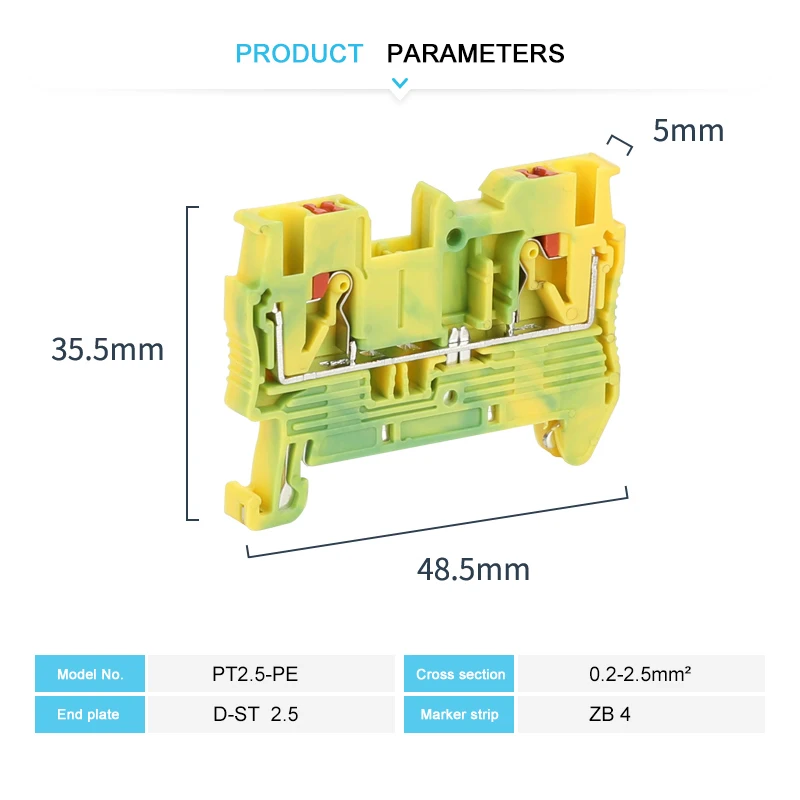 10Pcs PT2.5-PE Push-in Ground Feed Through Protective Earth PT 2.5PE Wire Electrical Connector Din Rail Terminal Block PT 2.5-PE