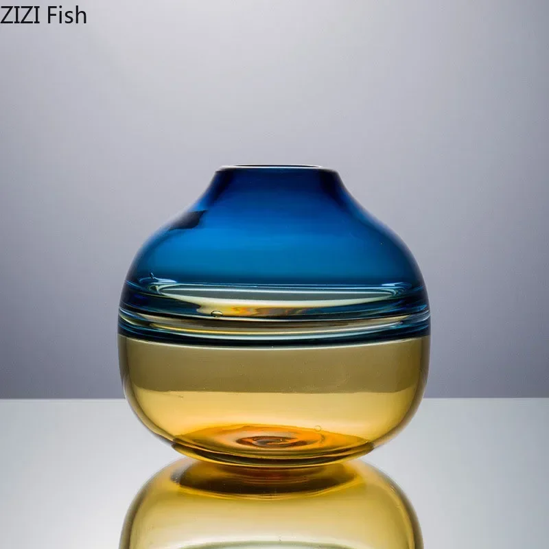 Creative Blue/Amber Gradient Glass Vase Hydroponic Flower Pots Desk Decoration Artificial Flower Decorative Floral Arrangement 4