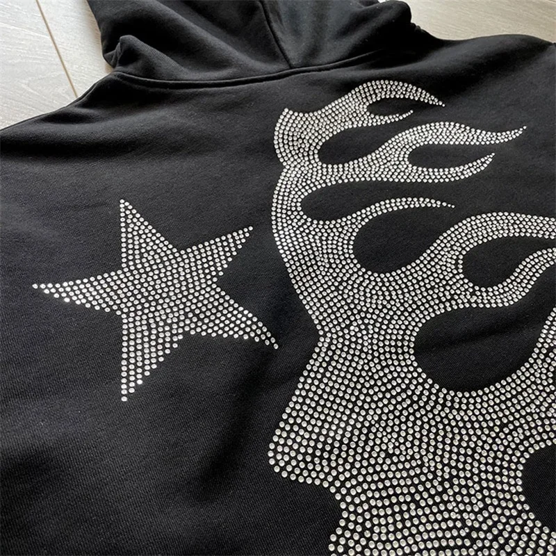 24ss Black HELLSTAR Studios Vintage Washed Hoodie Men Women 1:1 Best Quality Rhinestone Logo Oversized Sweatshirts