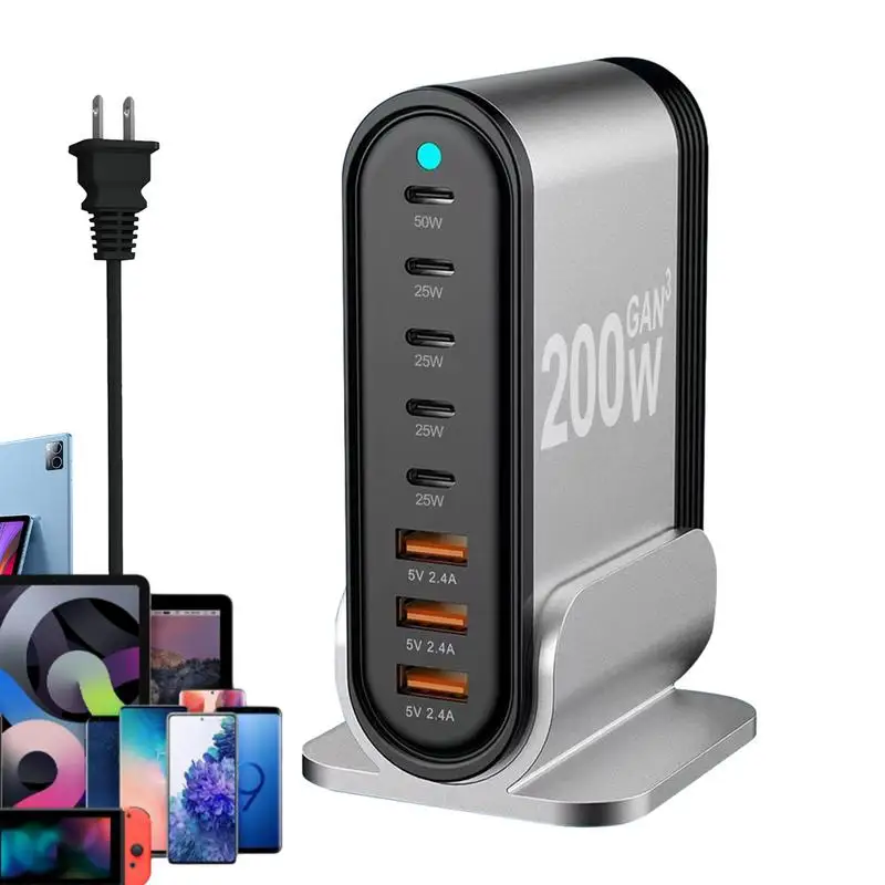 

Зарядное устройство Gan мощное 200 Вт PD, зарядная станция с 8 портами, высокоскоростное устройство для быстрой зарядки, блок для планшетов, наушников, ноутбуков