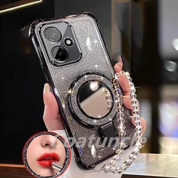 Glitter Plating Mirror Phone Case with Magnetic Holder and Bracelet Cover - OPPO A5x 4G (Black)