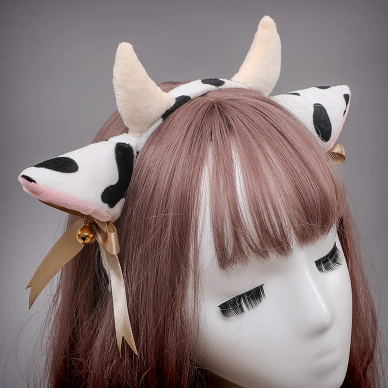 Cartoon Plush Cow Ears Horn Headband with Small Bells Ribbon Bow Anime Lolita Hair Hoop Kawaii Animal Party Cosplay Costume Girl