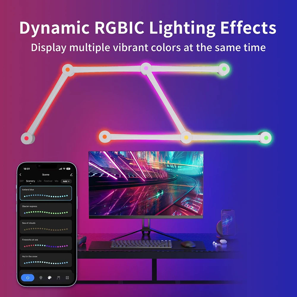 와이파이 LED 스마트 벽 램프, RGBIC 라이트 바, DIY 분위기 게임 벽 조명, TV 백라이트 침실용, 구글 홈 및 알렉사로 작동