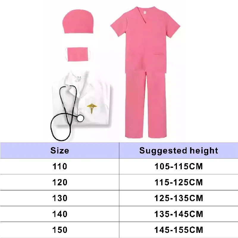 Unisex Doctor Nurse Costume Set 7PCS for Role Play Pink/Green/Blue Medical Scrubs with Stethoscope Halloween Dress Up Clothes