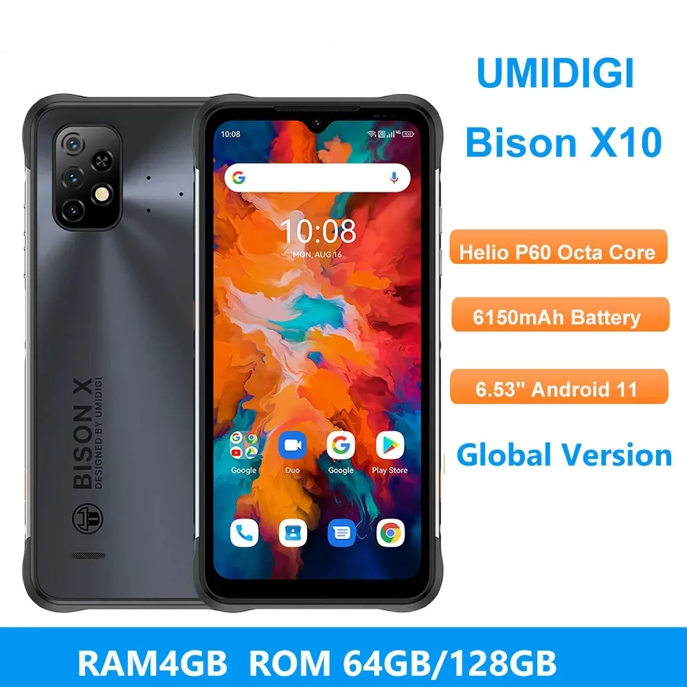 

UMIDIGI BISON X10 20MP Camera 4GB 64GB 6150mAh Fingerprint ID 6.53" Android 11 P60 Octa Core OTG NFC PTT Global 4G Smartphone