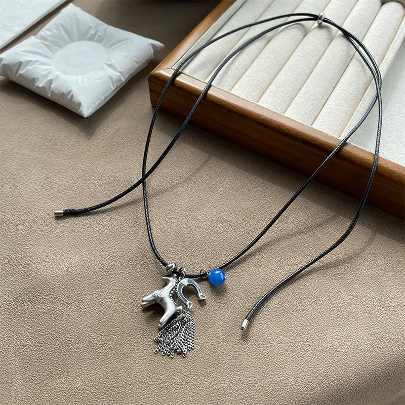 Minar Lustige metallische Cartoon-Pferde-Anhänger-Halsketten mit mehreren Quastenperlen für Frauen, weiblich, verstellbar, lange Wachsseilkette, Colliers_voghion.com