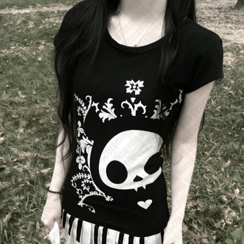 Abbigliamento Donna: T-shirt Crop Y2K, Top Gotici, Vestiti Femminili Goth Kawaii, T-shirt Emo Anni '90, Abbigliamento Vintage