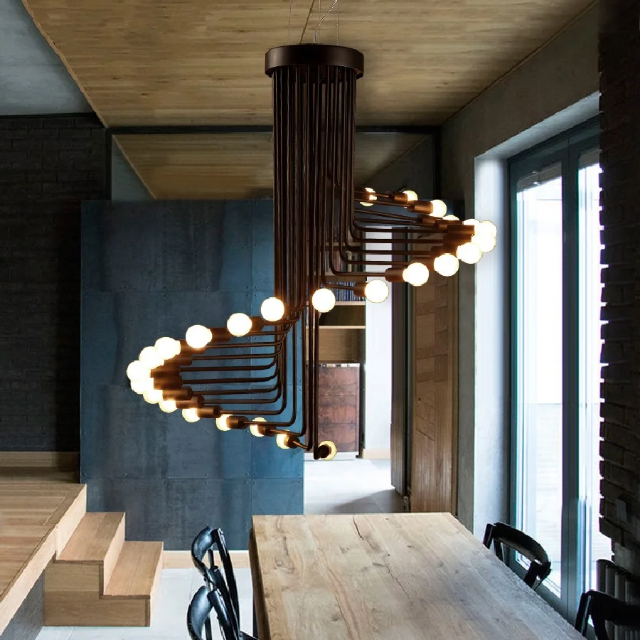 

loft chandeliers lustre suspension industrial decor Spiral wrought iron chandelier E27 bulb stairwell staircase chandelier