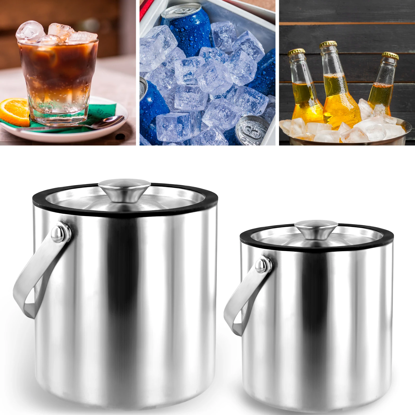 Description Picture 5 of itemInsulated Ice Bucket with Silicone Lid, Tongs & Strainer, Double Wall Stainless Steel Ice Bucket for Parties and Bar Ice Bucket