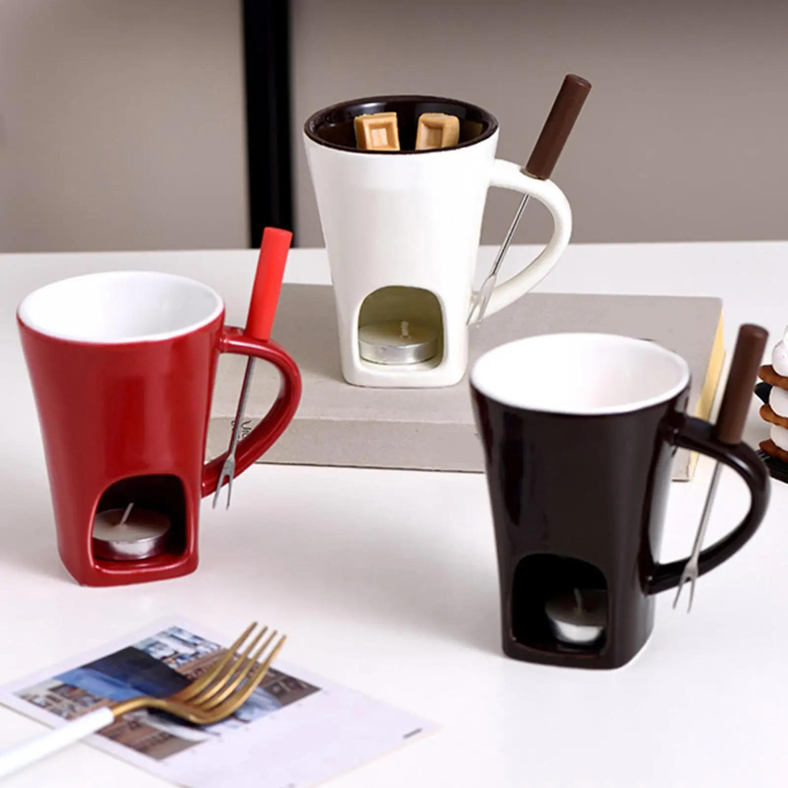 Chocolate Fondue Mug Set with fork and candle Mini Fondue Pots Cheese Ice Cream Fondue Maker Kit Butter Melter Cup Small Warmer