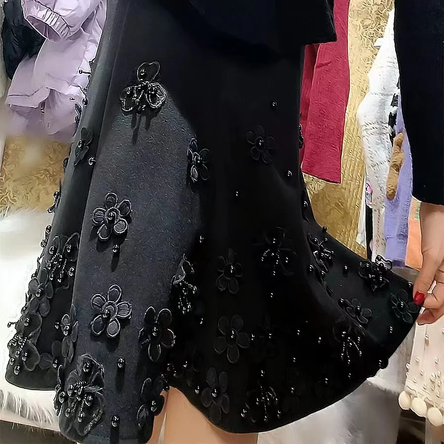 KEBUNUO Beaded Woolen Skirt Back View