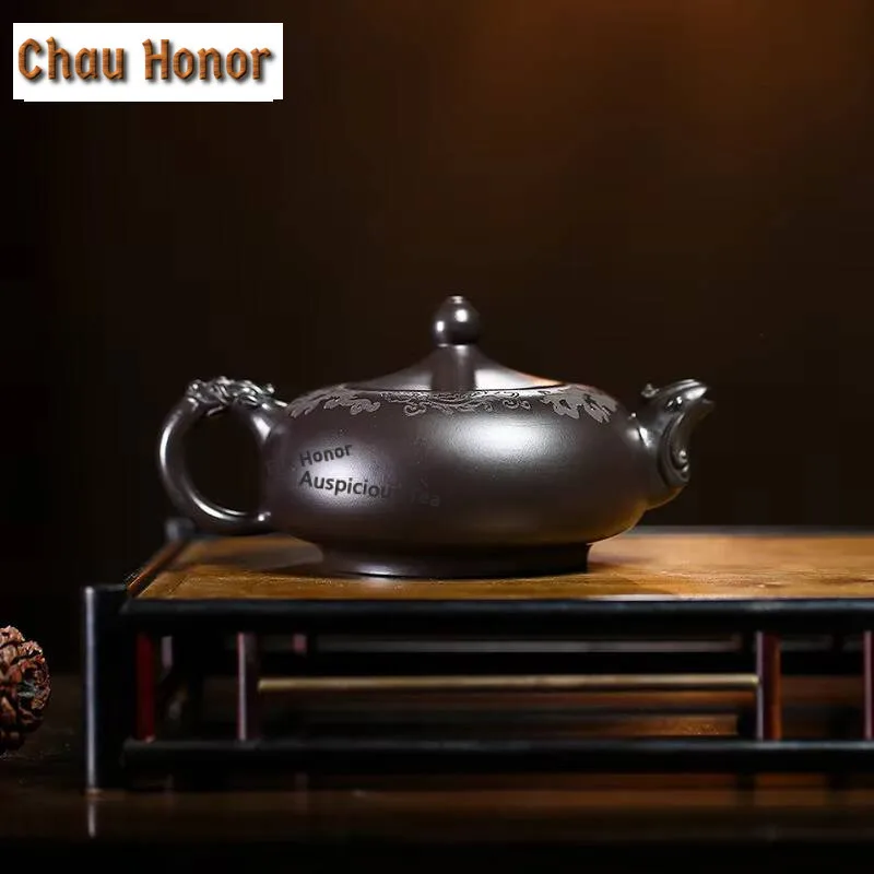 230ml Chinese Yixing Purple Clay Teapots Famous Artists Handmade Dragon Phoenix Pot Raw Ore Black Zhu Mud Kettle Zisha Tea Set