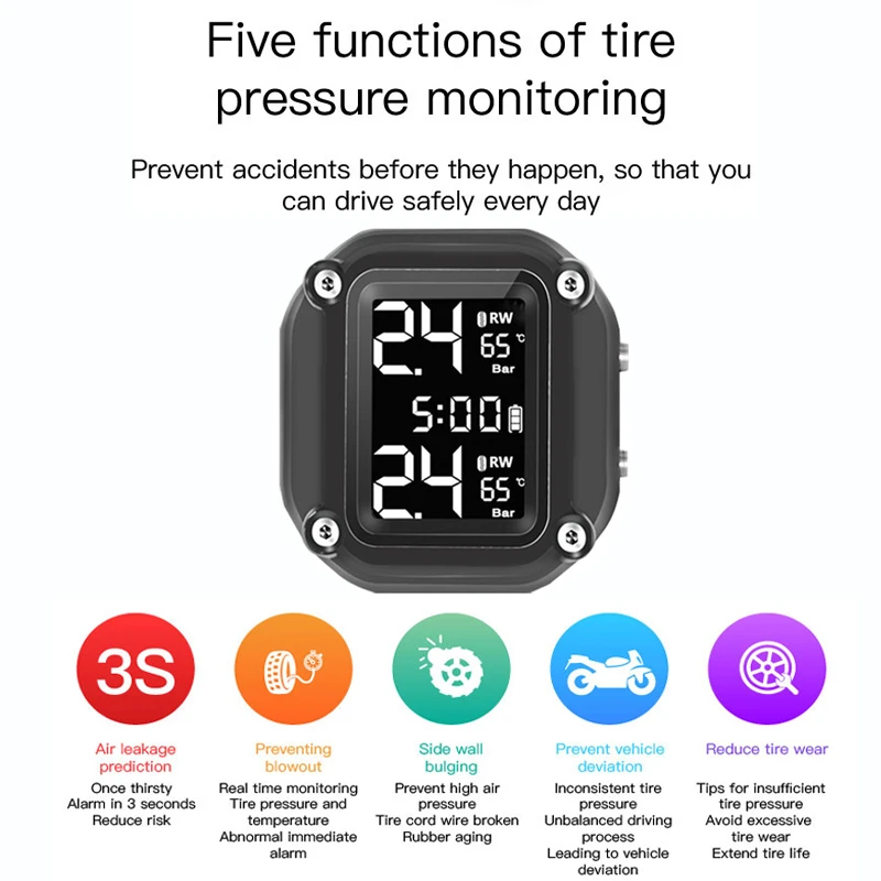 Motorcycle TPMS Motor Tire Pressure Tyre Temperature Monitoring Alarm System With 2 External Sensors Magnetic USB Quick Charging