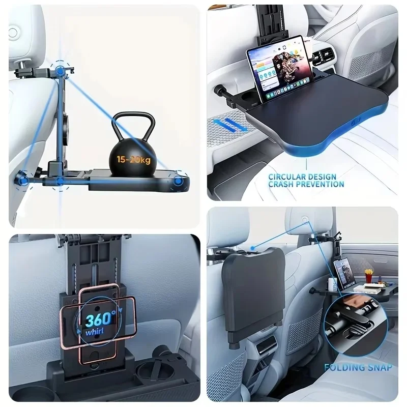 Tavolino da Viaggio per Auto, Tavolino Multifunzionale Regolabile per Sedile Posteriore, Portabicchieri e Supporto per Computer - Image 2