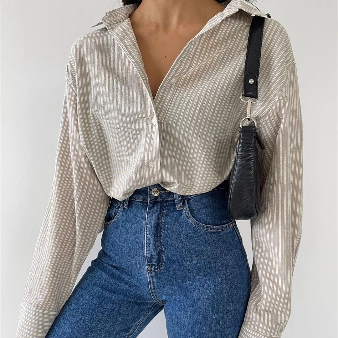 

Casual Elegant Striped Women Loose Shirt Solid Color Long Sleeve Single Breasted Shirts Oversize Blouse Office Lady Streetwear