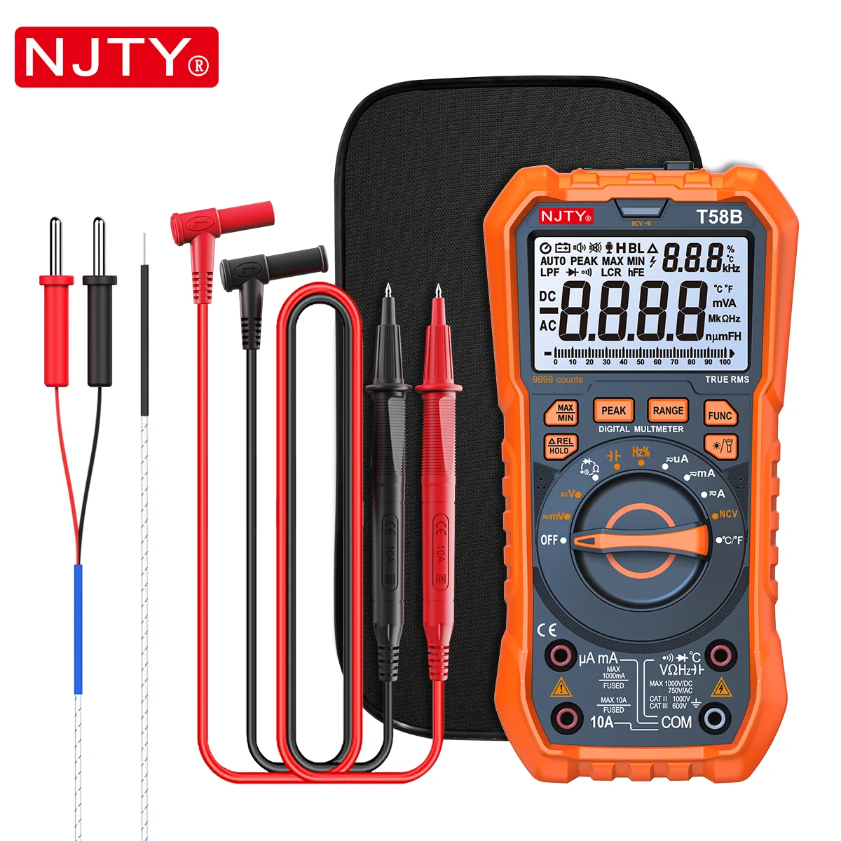 NJTY T58B 1000V 디지털 멀티미터 스탠드 유형 스마트 백라이트 스크린 및 LED 조명 잭 표시기 9999 카운트 듀얼 데이터 표시