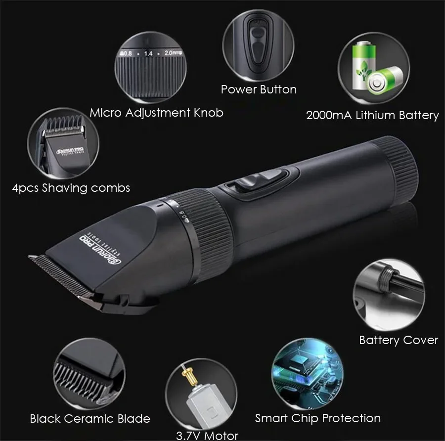 Professional Clipper Hair Trimmer Beard Electric Cutter Hair Cutting Machine 2000mA Battery for Men
