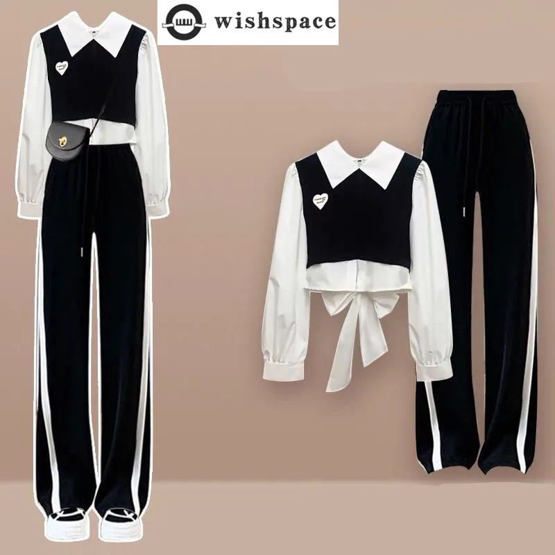 Korean Style Bow Stitching Long Sleeved T-shirt Striped Wide Leg Pants 2pcs Elegant Women's Pants Set Student Casual Outfits