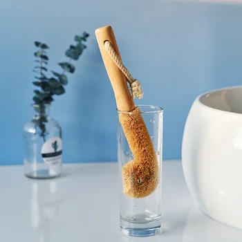 Spazzola per la pulizia Spazzola per tazze in vetro di palma da cocco naturale Manico in legno Spazzola per padella antiaderente Detergente per bottiglie per lavare i piatti 1