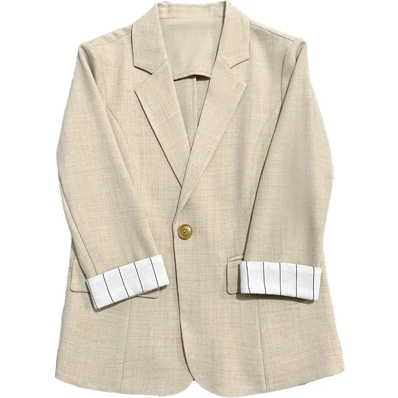 

Spring Autumn New Casual Apricot Cuff Stripe Blazer Women Fashion One Button Long Sleeve Suit Jacket Loose Female Outwear W246