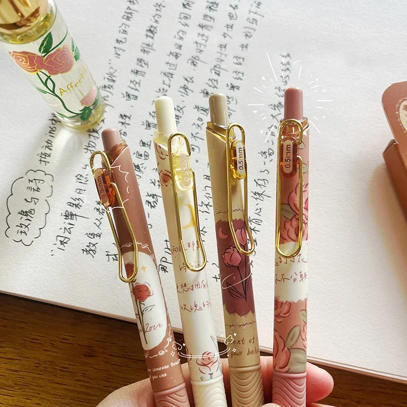 유럽 장미 젤 펜, 귀여운 편지지, 빈티지 0.5mm, 검정 잉크, 중립 펜, 귀여운 서명 펜, 사무용품, 4 개