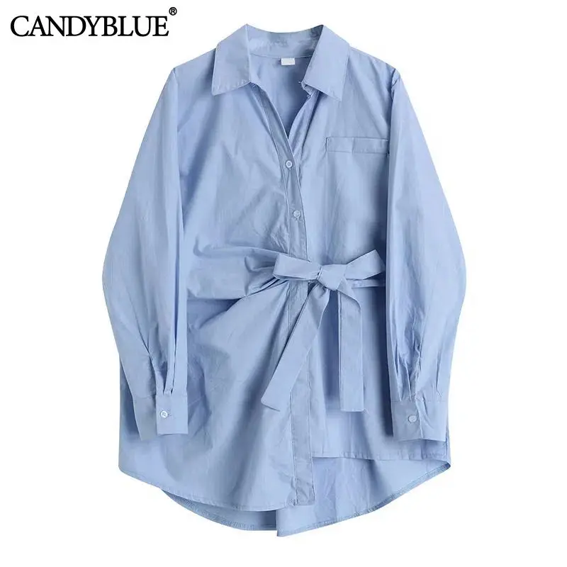 

Blue Tuen-down Collar Bow Streetwear Single Breasted Women's Blouse Shirt Long Sleeve Korean Fashion Loose Female Blouses Tops