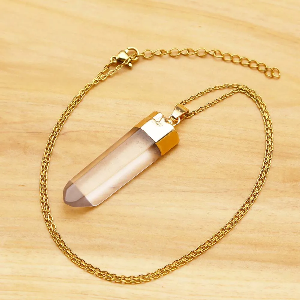 Natural White Crystal Pendant Stainless Steel Gold Plated Chain Necklace Charm Jewelry Men's And Women's Party Accessories 6Pcs