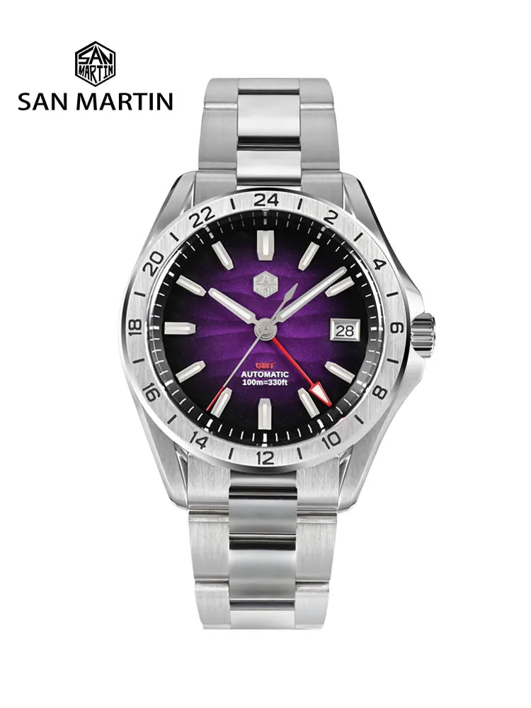 San Martin 39mm Purple Desert Texture Dial Luxury Men Dress Watch  NH34 GMT Automatic Mechanical Waterproof 100m Luminous SN0129