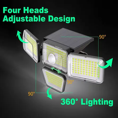 야외 태양광 벽 램프 PIR 모션 센서 164/250/278 LED 조정 가능한 4 헤드 플러드 램프, 정원 마당 가로등 3