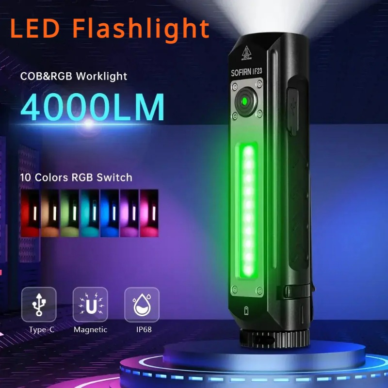 IF23 Powerful LED RGB Light 4000lm Flashlight 21700 5V 3A USB C Rechargeable Floodlight Spotlight Torch with Magnetic Lighting
