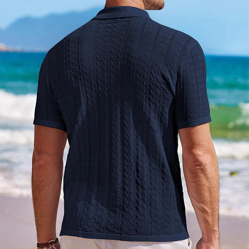 Mens Knitted Short Sleeve Shirts Vintage Texture Casual Breathable