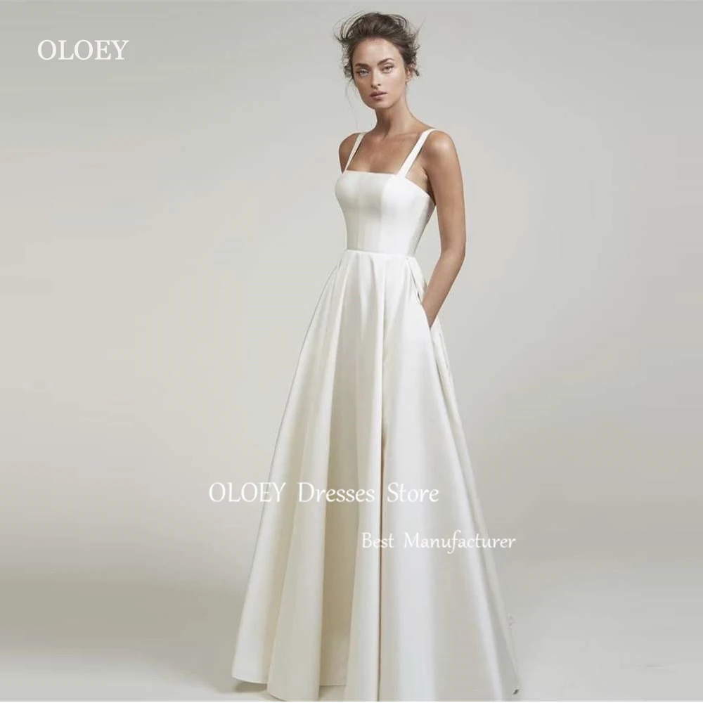 

OLOEY Simple A Line Soft Satin Wedding Dresses Korea Photo shoot Wide Straps Pockets Bridal Gowns Floor Length