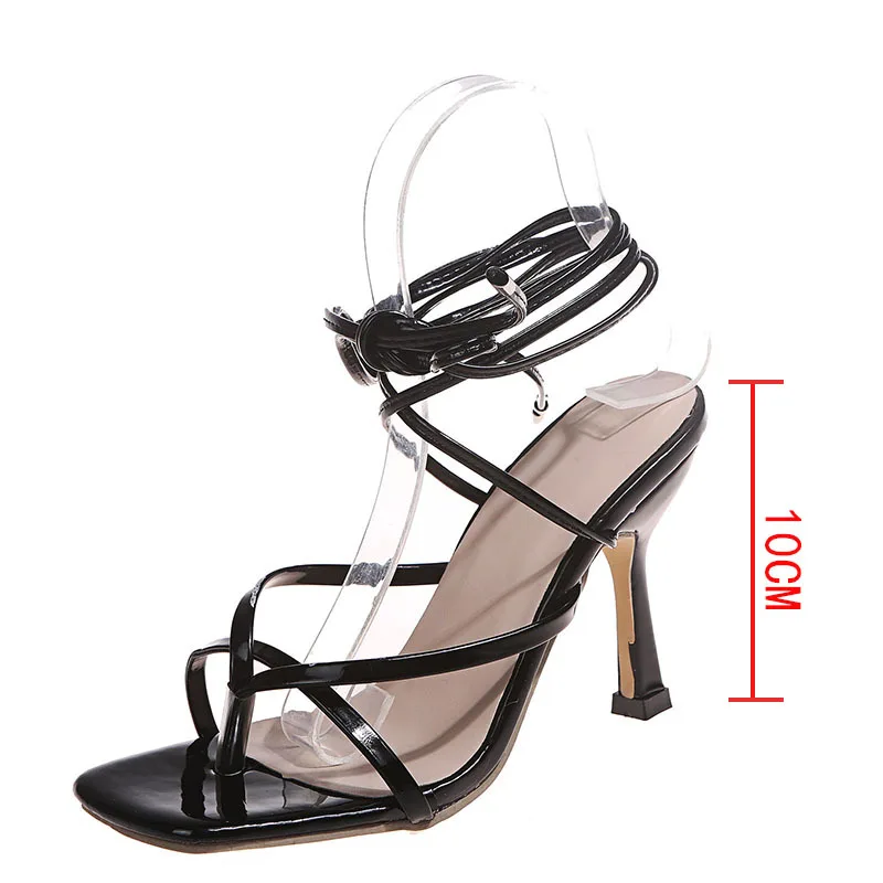 New Summer Fashion Lace Up Design Women Sandals PU Ankle Cross Strap Sandals 10CM High Heels Ladies Open Toe Shoes