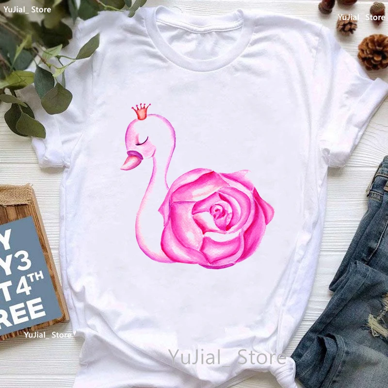 

Pink Swan Princess Print T Shirt Girls Colorful Skull Flowers Tshirt Women Harajuku Kawaii Clothes Summer Fashion Tops Tee Shirt