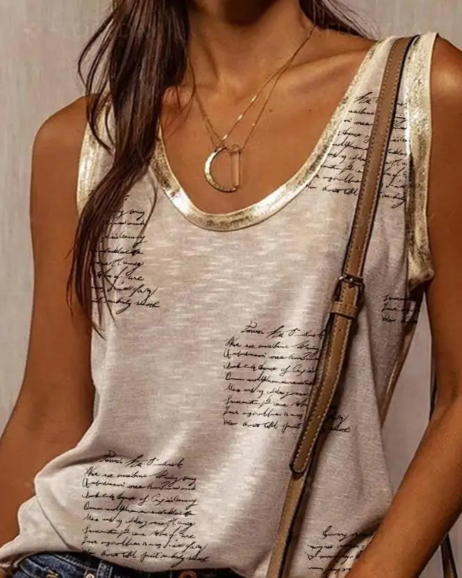 

Fashion Top Women 2023 Summer Letter Print Metallic Trim Casual Scoop Neck Sleeveless Daily Tees Tank Top Y2K Clothes