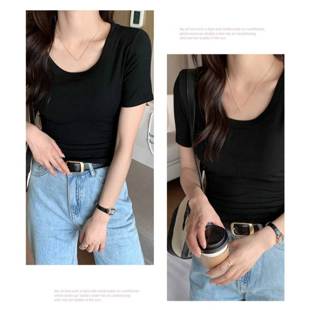 Description Picture 5 of itemSlim Korean Y2K Crop Tops Solid Color Round Neck Black White Grey T-shirt Short Sleeves Women Clothing Slim Short T-shirt